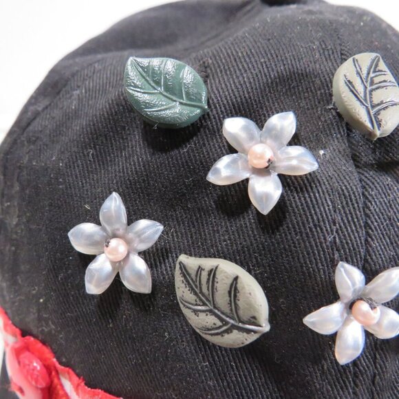 Black and red fabric baseball cap with flowers & red gingham trim Hat - Picture 6 of 10